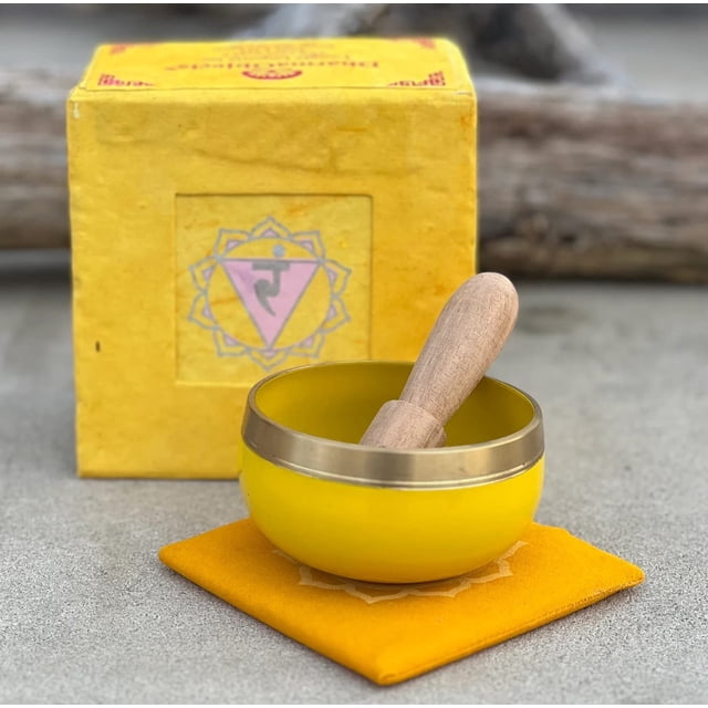 DharmaObjects Tibetan Solar Plexus Chakra Premium Palm Size Singing Bowl Gift Box Set