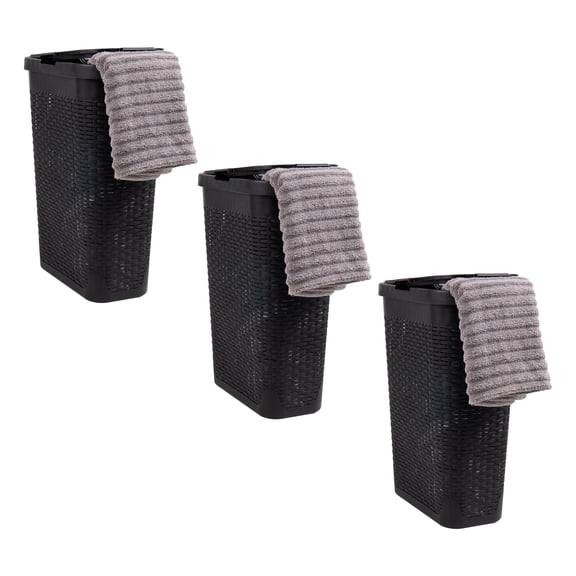 Mind Reader 40L Slim Laundry Hamper, Clothes Basket, Lid, Wicker Design, Plastic, 18"L x 10.4"W x 23.5"H, Set of 3, Black