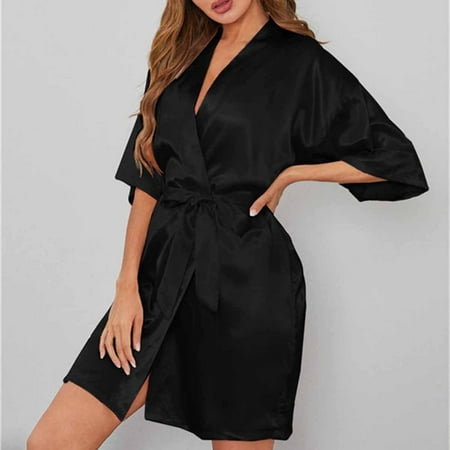 

SBYOJLPB Women s Lace-Trim Silk Robes Bride Bridesmaid Kimono Satin Bathrobe V Neck Sleepwear with 3/4 Sleeve Black 8(L)
