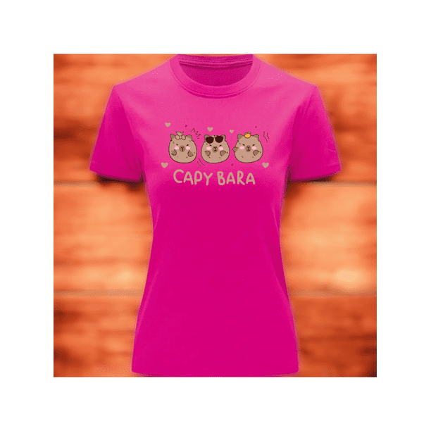 Playera Blusa Con Impresion De 3 Capybaras Bebes Fashion Ropa para Mujer Capibara Color Fucsia Talla Mediana Marca Emil SaEs