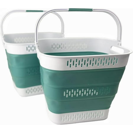 JFTER 40L (10.5 Gallon) Collapsible Plastic Laundry Basket with Handles - Foldable Pop Up Storage Container/Organizer - Portable Laundry Hamper - Space Saving (2, White/Celadon Green)