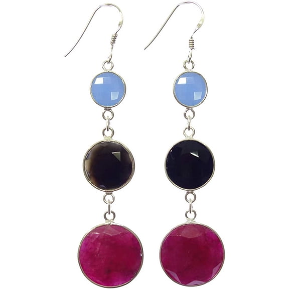 Blue Chalcedony Ruby & Black Onyx Gemstone Long Drop Dangle Earrings Modern Handmade Earrings for Women Unique Designer Fashion Party Earrings Jewelry, 925 Sterling Silver Earrings