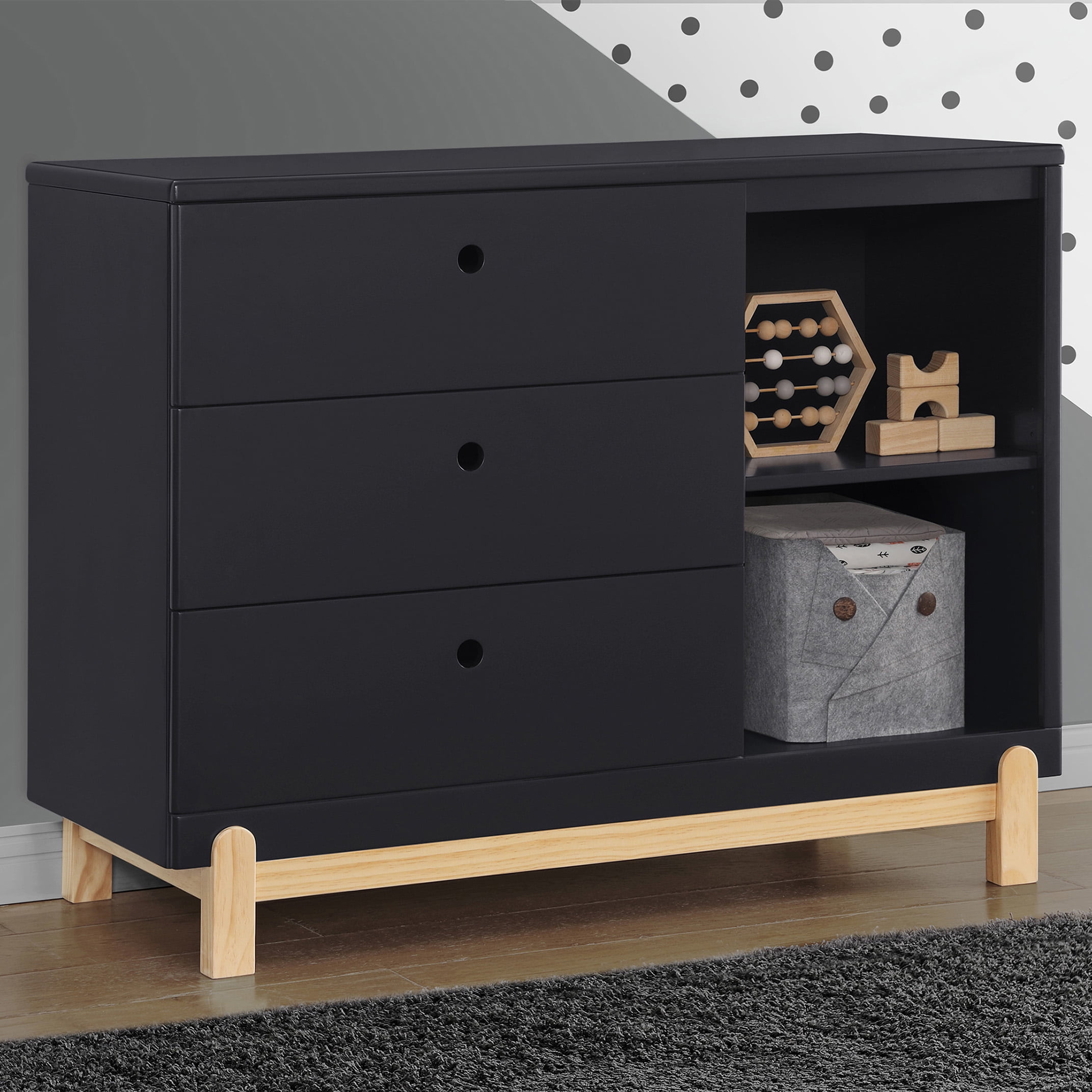 Delta Children Poppy 3 Drawer Dresser with Cubbies and Interlocking Drawers, Midnight Grey/Natural