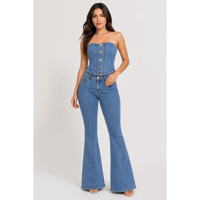 Set Corset y Jeans acampanado Roman Fashion /Juvenil, 21624 (Azul medio) azul M