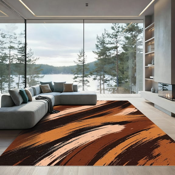 ODIKA 4'x6' Machine Washable Non-Slip Area Rug, Abstract Burnt Orange High Traffic Rug, Brown, 1158352