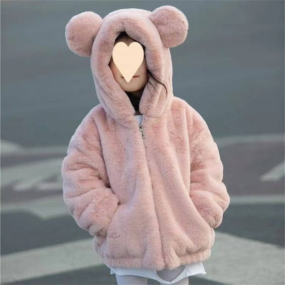 XIMIN Kids Girl's Zip Up Fuzzy Fleece Jacket with Hood Zip Up Cute Teddy Coat with Ultra Soft Bear Ears Hoodie Sweatshirt Warm Clothes Toddler Winter Coat