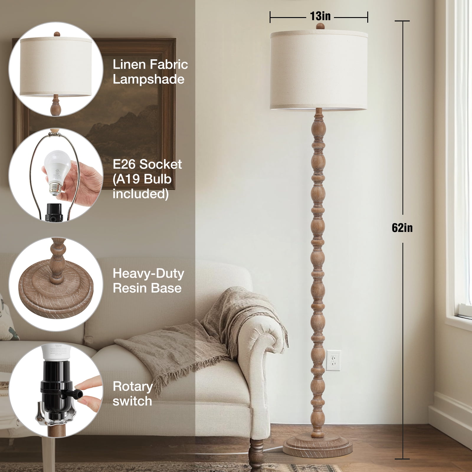 NATYSWAN 62" Floor Lamp for Living Room,Retro Farmhouse Resin Tall Standing Lamp with 3 Color Temperatures for Bedroom, Office
