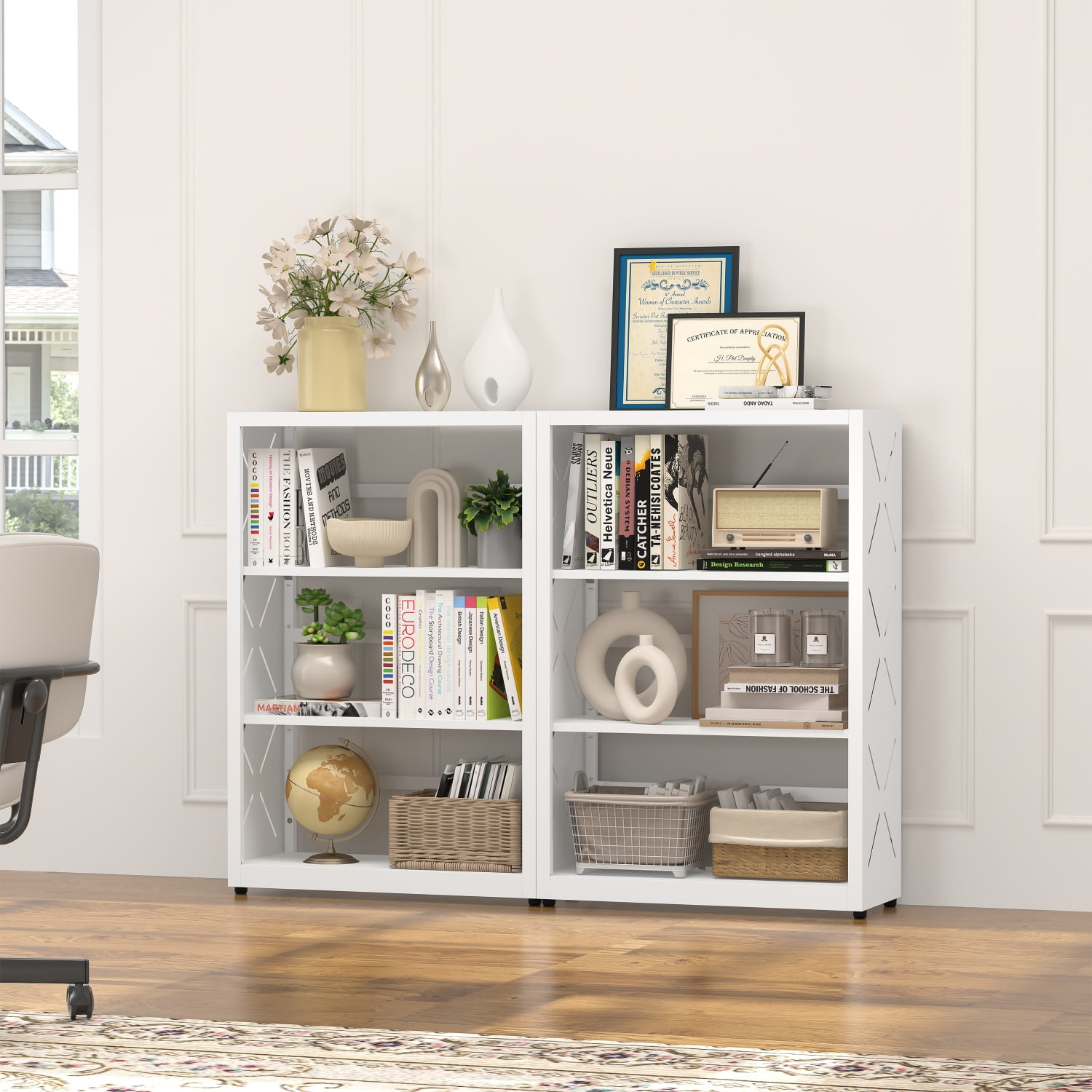 Polup Industrial Bookcase 3-Tier Metal Adjustable Freestanding Storage Rack with Bookends White 1-Pack