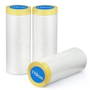BOMEI PACK 3Rolls Pre-Taped Plastic Masking Film, Painter's Plastic Sheeting for Automotive Painting Covering, Width 110cm Length 66feet