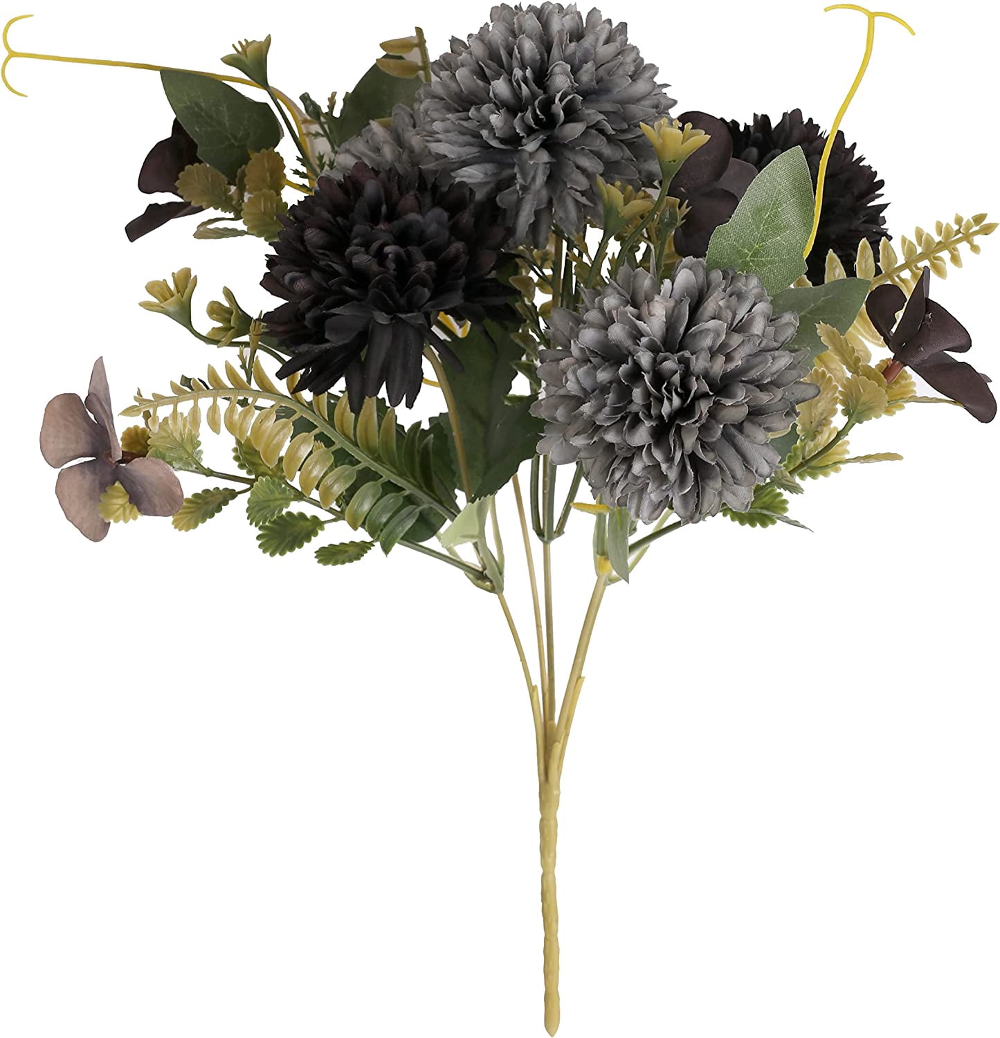 Artificial Chrysanthemum Ball Flowers - 3pcs Realistic Silk Flower with Stems&Leaves for Wedding, Party, House Decoration, Table Centerpieces Flowers (Black, Gray)