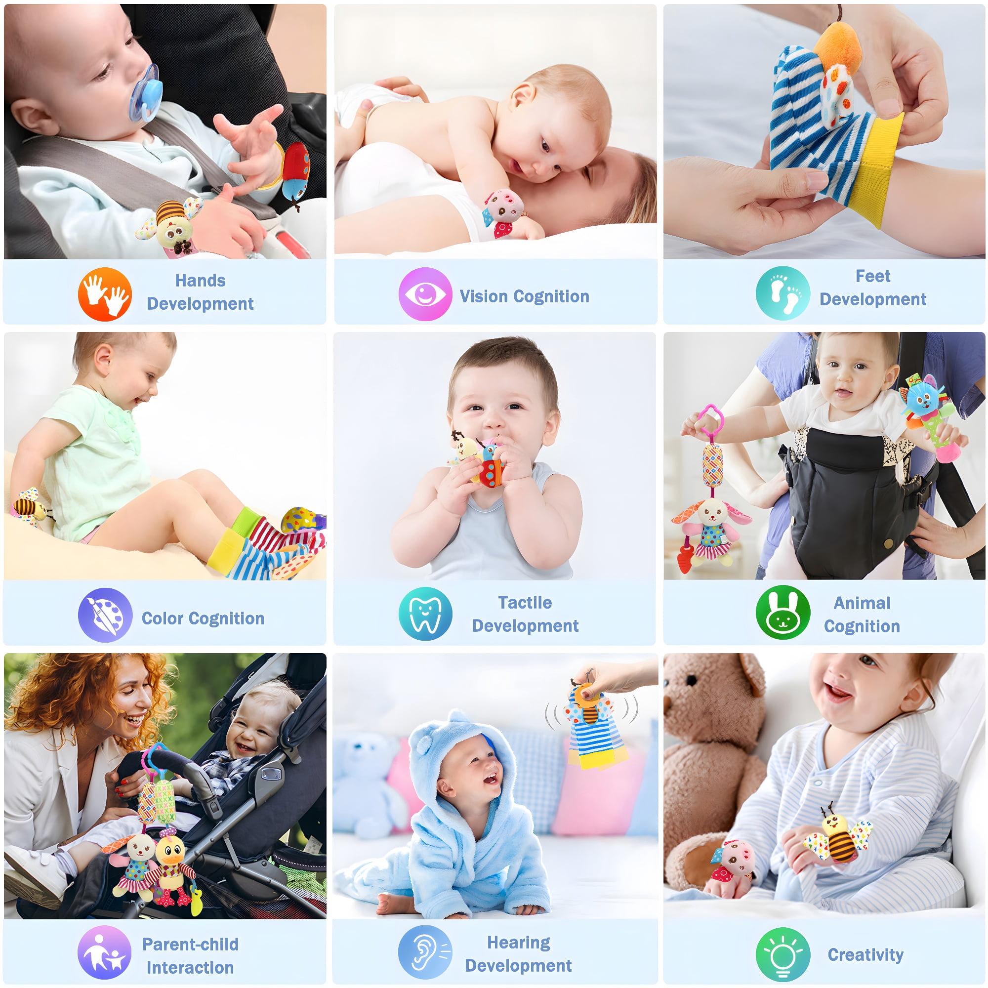 Wrist Rattles Foot Finder Rattle Sock Baby Toy, Hanging Rattle Toy, Hand Bracelet Rattle, Feet Leg Ankle Socks, Activity Rattle Present Gift for Newborn Infant Babies Boy Girl (12 pcs-B)