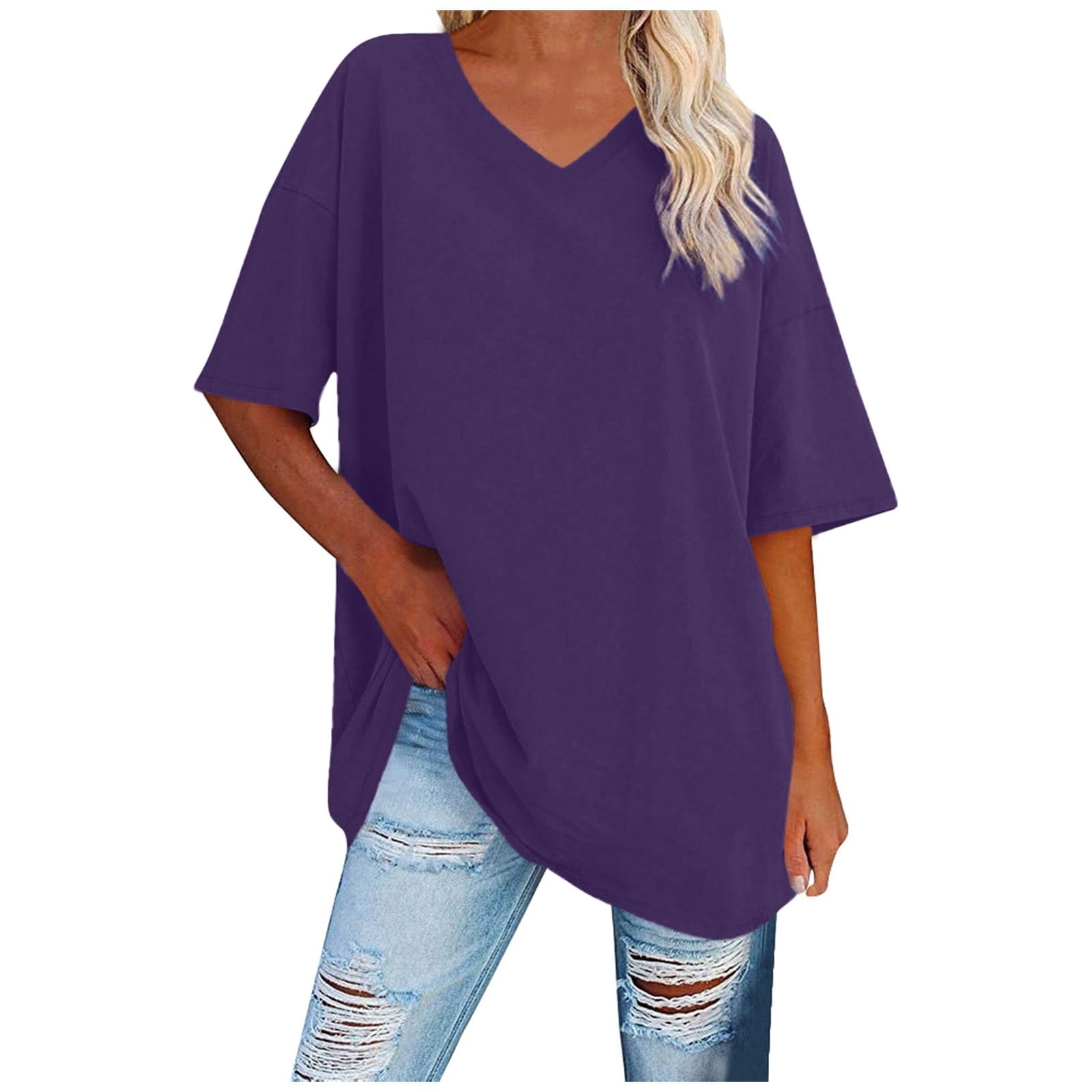 WEIYLL Womens T-Shirts Ladies Basic Solid Color V Neck Short Sleeve Dark Purple Tee Sizes M