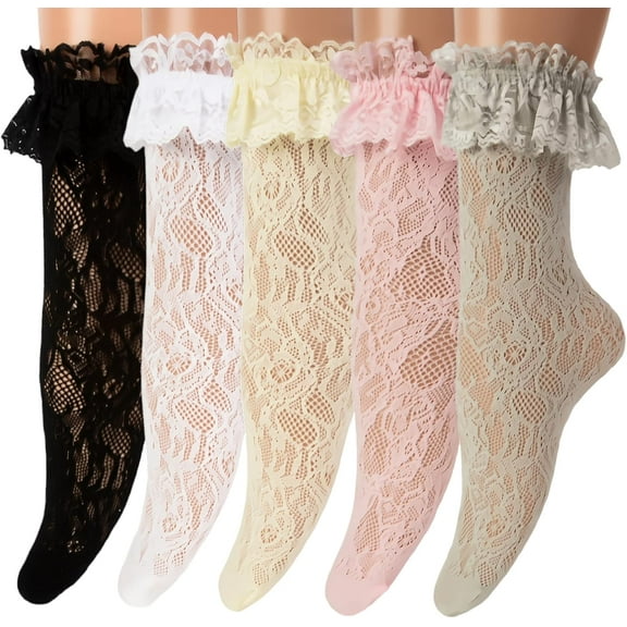 5 Pairs Women Ruffle Ankle Socks Trim Lace Frilled Dress Socks Set, Princess Fashion Cute Anklet (Colorful Rose)