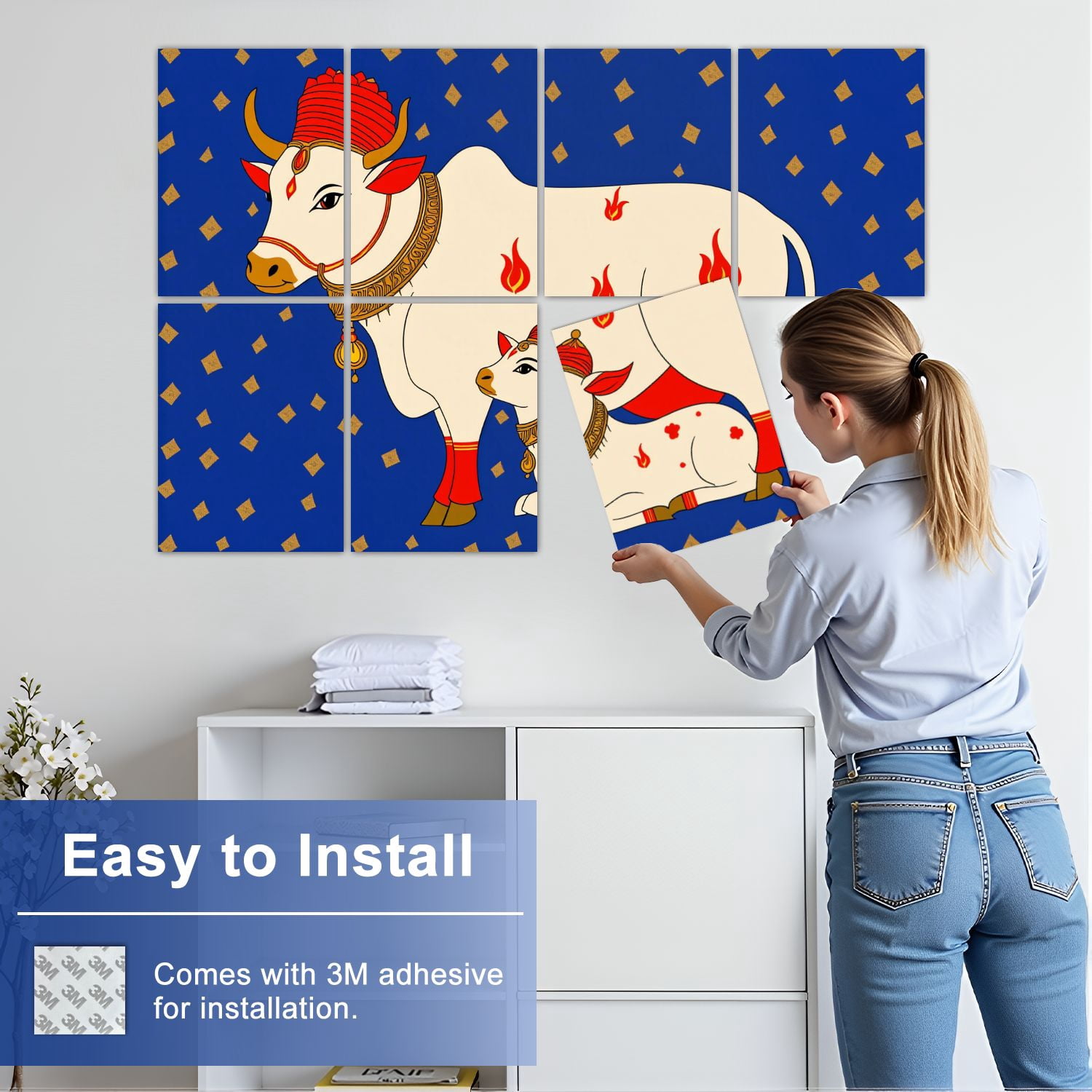 8 Pack Art Acoustic Panels Sound Absorbing Flame Decorated Cow Calf Decorative Soundproof Wall Panels Self Adhesive for Nursery Game Room Bedroom 48"x32"