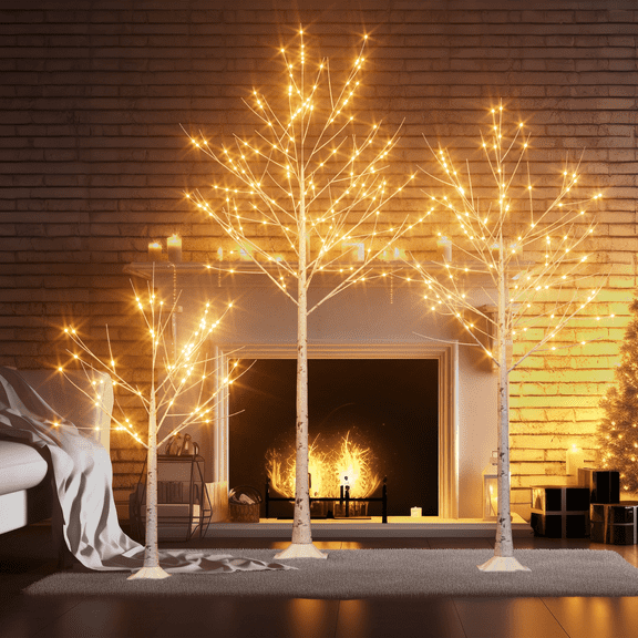 3 Pack Lighted Birch Tree (4FT 5FT 6FT), Warm White LED Fairy Light Trees with Bendable Branches for Indoor Outdoor Christmas, Party, Wedding Decor