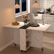 BHAODEAL Folding Dining Table with 6 Wheels, Drop Leaf Tables for Small Spaces, Foldable Dining Table with 2-Layer Storage Rack, Kitchen Table with Drawer (White Marble and Black)
