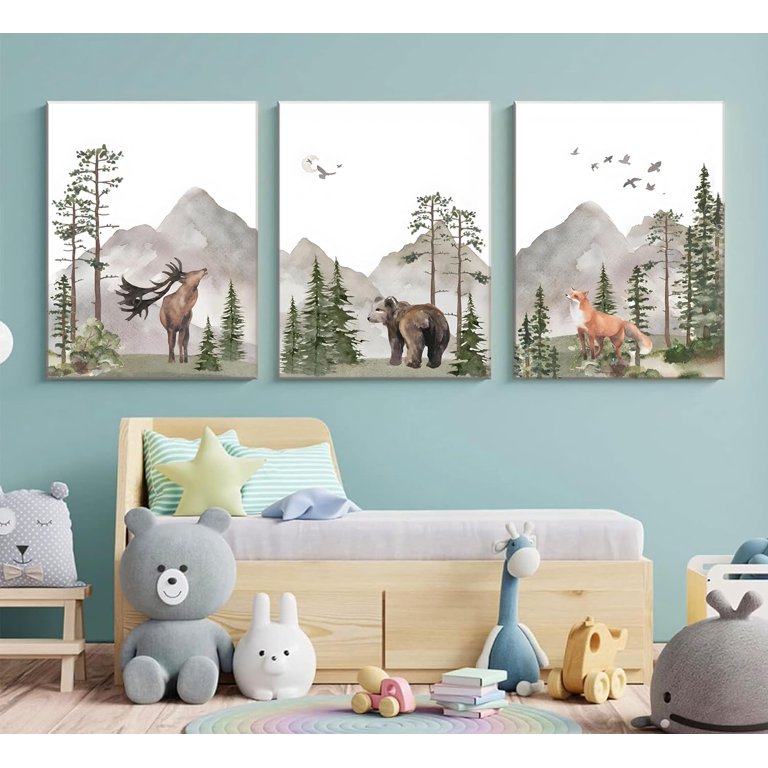 3-Piece Woodland Animal Nursery Canvas Wall Art Set - Deer, Bear, Fox Prints (12x16 In Each)