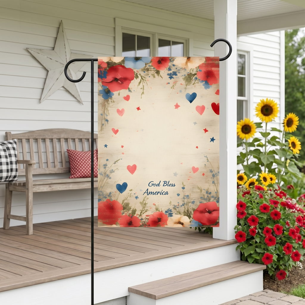 americana garden flag A patriotic background with red white and blue flowers and hearts. God Bless America outdoor flags Large Size 28x40 Inch 4th of july yard decor