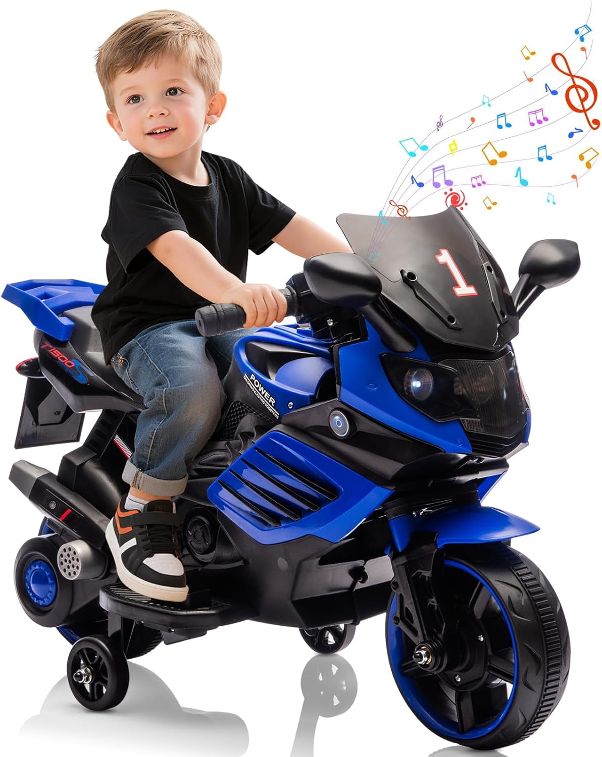 Trilenars 6V Motorcycle, Electric Ride On Car Toy with Training Wheels, Working Headlight, Horn & Music, Battery PoweRed Ride On Motorcycle Toy for Ages 3-6,Blue