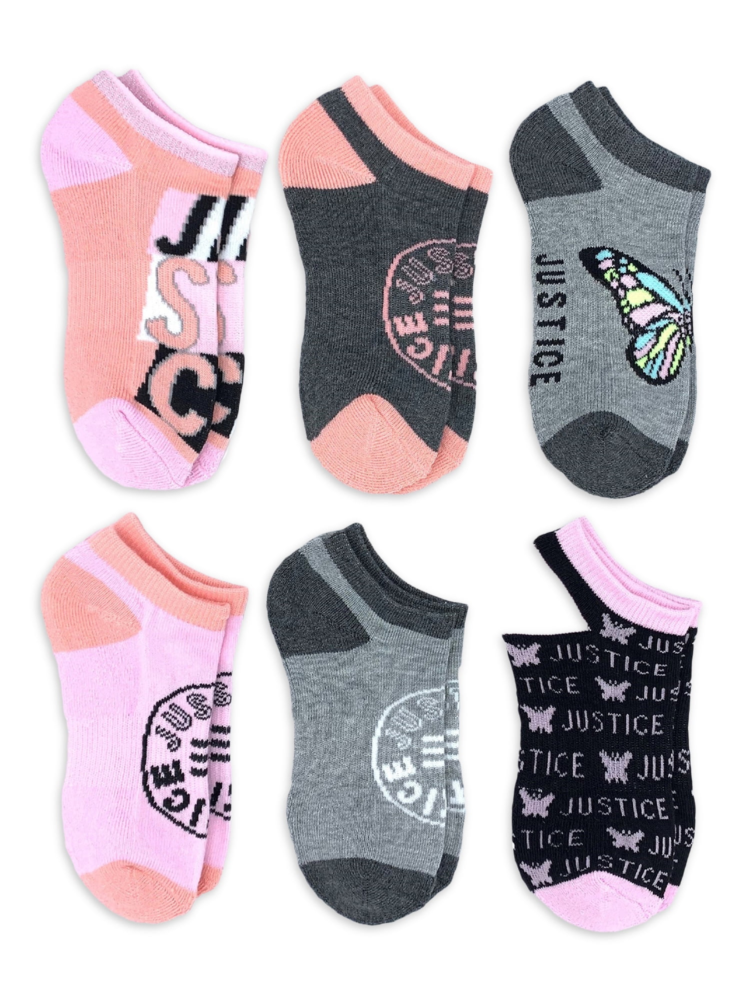 Justice Girls No Show Socks, 6Pack, Sizes ML