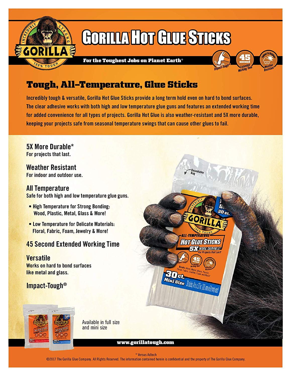  Customer reviews: Gorilla Hot Glue Sticks, Mini Size, 4"  Long x .27" Diameter, 75 Count, Clear, (Pack of 1)