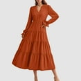 thumbnail image 2 of felwors Long Sleeve Dress for Women 2025 Fall V Neck Tiered Spring Elegant Modest Flowy Wedding Guest Maxi Dresses Brick Red, S, 2 of 5