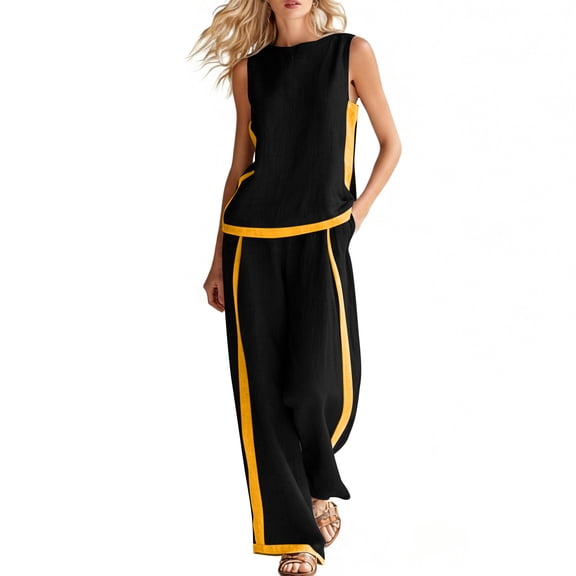 Ahabrexf Pants and Top Set for Women, Solid Color Patchwork V Neck Top With Pockets Casual Pants Set for Summer