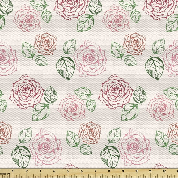 Floral Fabric by the Yard Upholstery, Hand Drawn Romantic Retro Grungy Spring Rose Flowers Leaves Illustration, Decorative Fabric for DIY and Home Accents, White Pale Ruby Green by Ambesonne