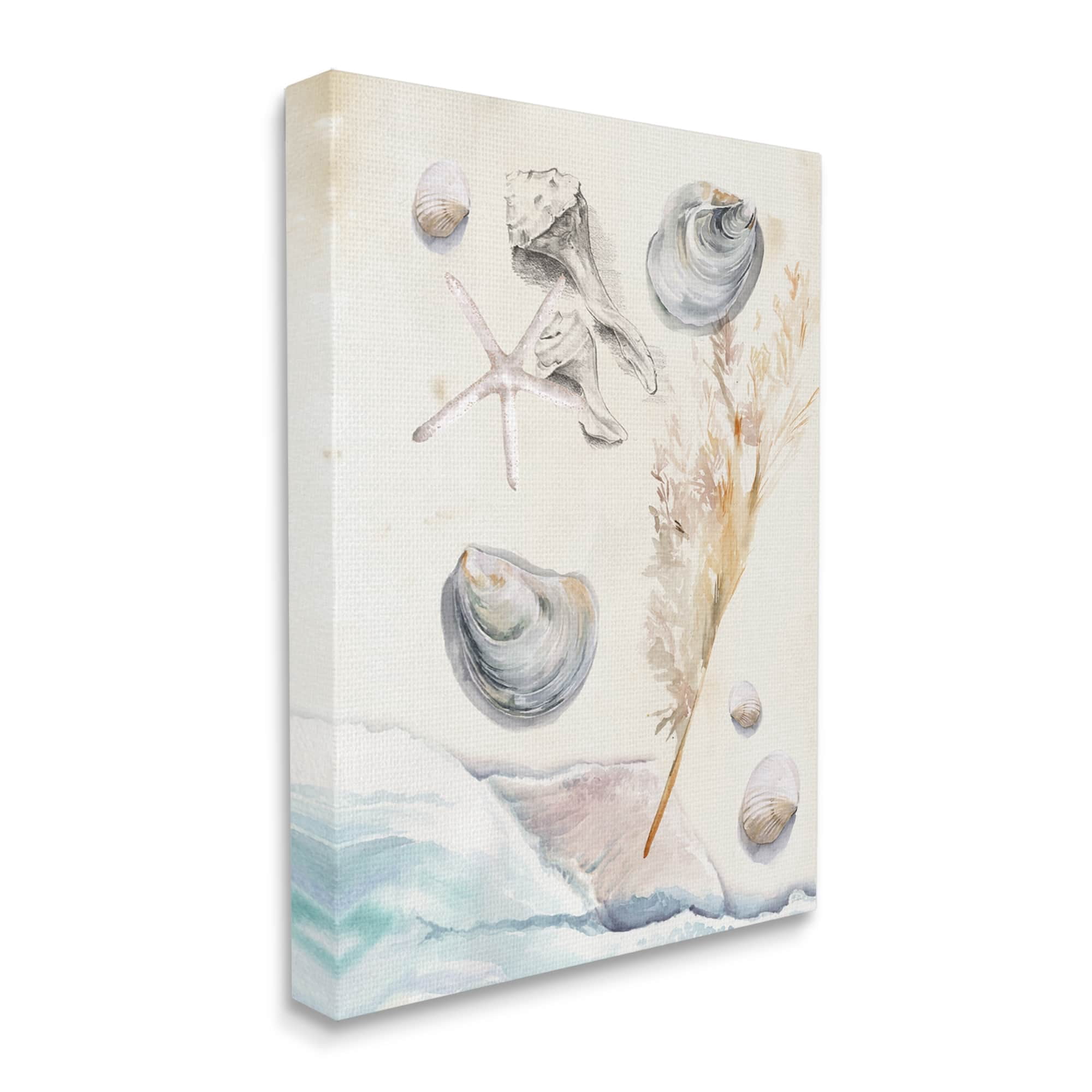 Stupell Beach Shore Splashing Sea Shells Landscape Painting Gallery Wrapped Canvas Print Wall Art