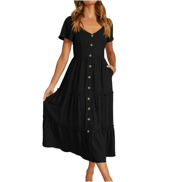 CFLVAEK Classic Solid Color Summer Dresses for Women Casual V Neck Shirt Dresses Flowy Botton Beach Dress Tiered Smocked Solid Dresses with Short Sleeve Black S