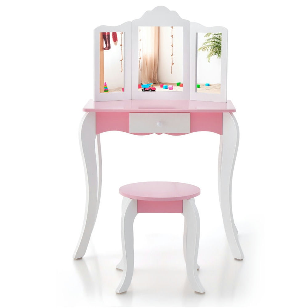 GVN Kid's Wooden Vanity Table and Stool Set with 3-Panel Acrylic Mirror-White, Kids Vanity Table and Chair Set for Girls Kids GVN Kid's Wooden Vanity Table and Stool Set with 3-Panel Acrylic Mirror-White, Kids Vanity Table and Chair Set for Girls Kids