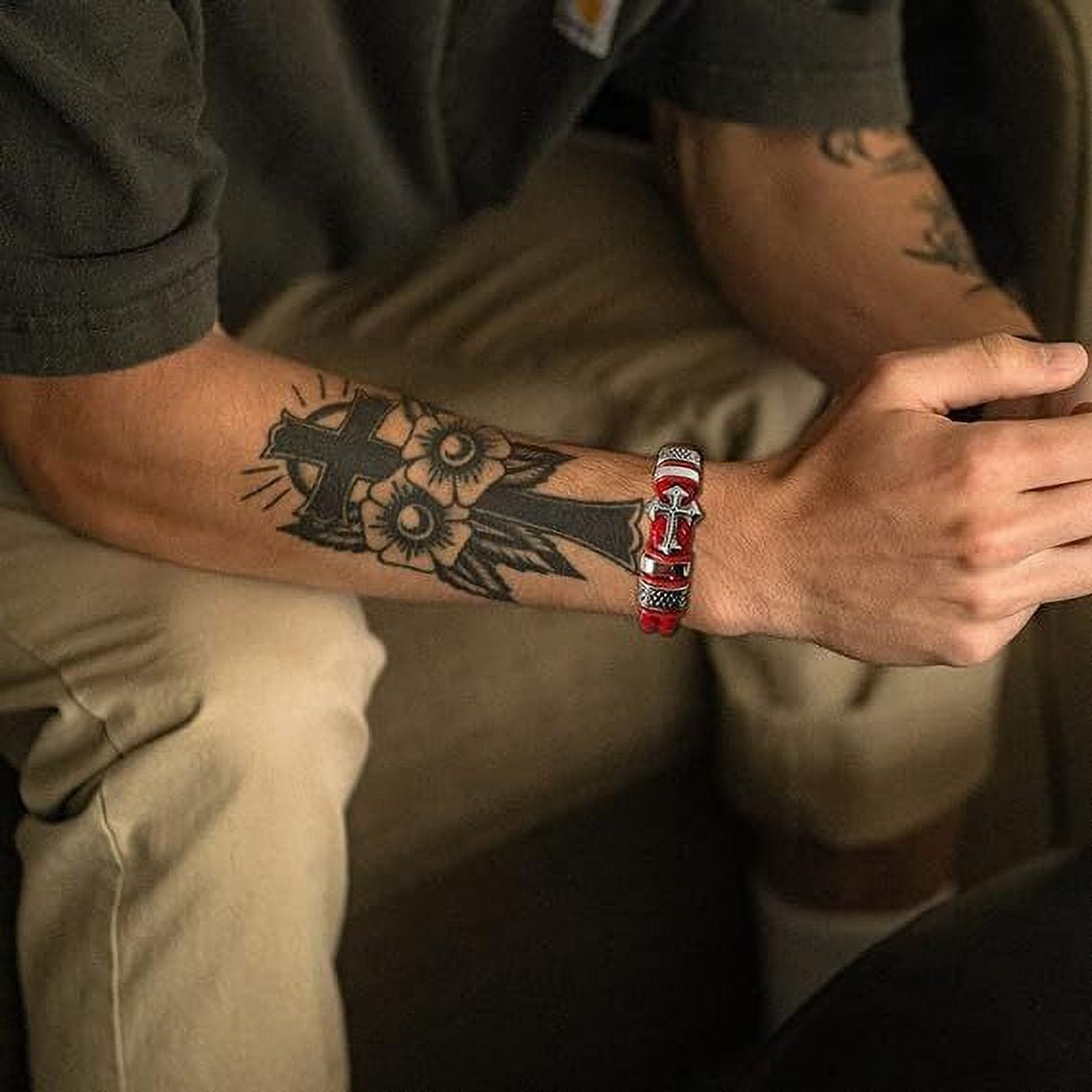 Raymard Mens Christian Cross Double Row Leather Bracelet - 8.1" Red Braided Bracelet for Men