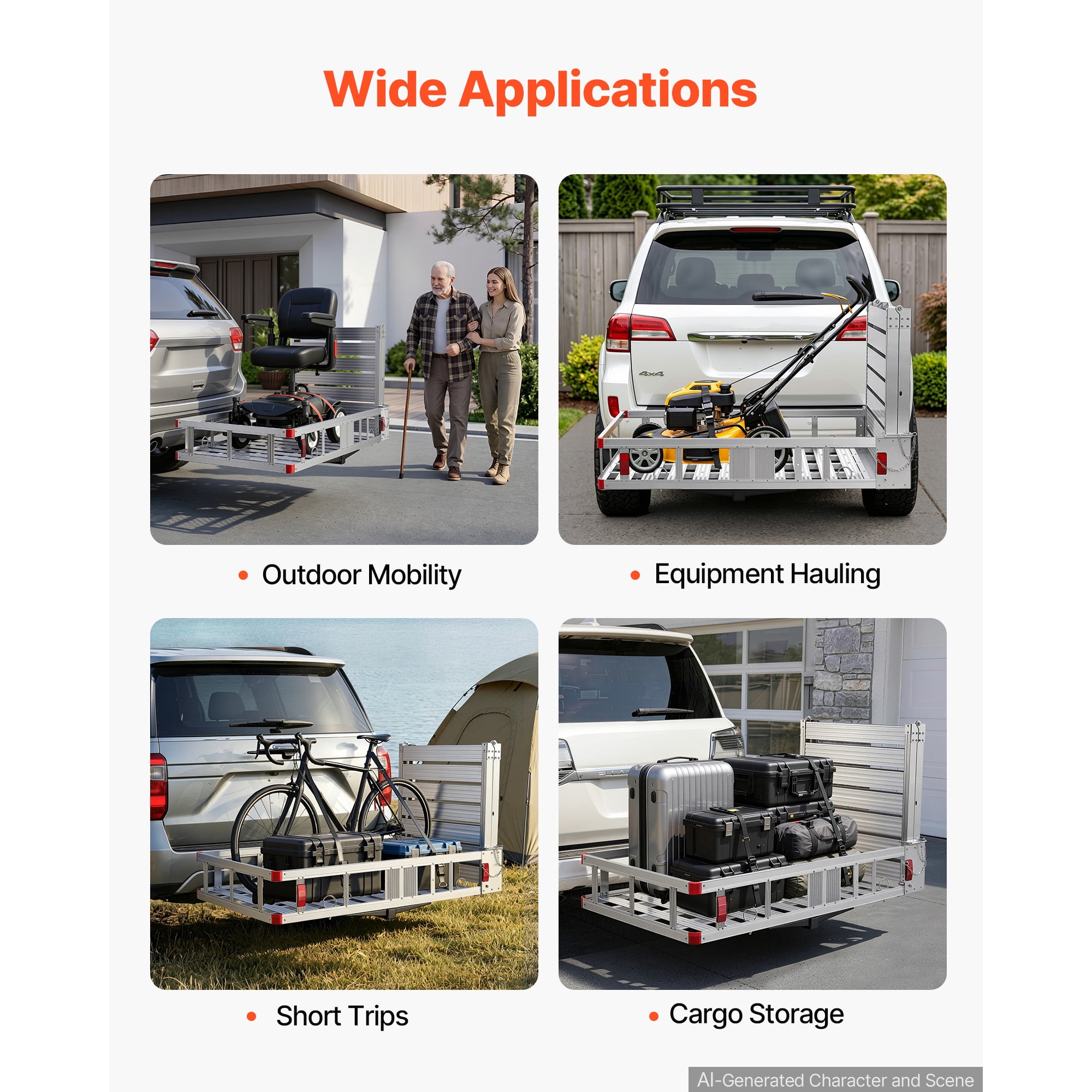 KFFKFF Hitch-Mounted Wheelchair Carrier, 500LBS Capacity with Foldable Ramp, Aluminum Cargo Basket & Stabilizer Kit, Compatible with 2" Receiver for Trucks, SUVs, and Cars, 53.7" x 29.5" x 8.7"
