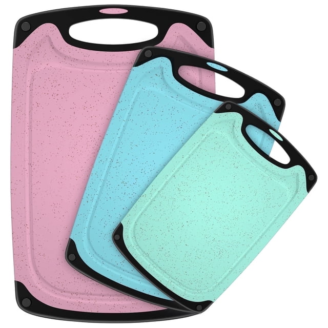 GPED Juego de 3 Tablas de Cortar de Plástico, Tablas de Cortar Duraderas para Cocina con Mangos Antideslizantes y Ranura para Jugos, Ideal para Picar Carne, Vegetales y Frutas, Rosa, Azul, Verde