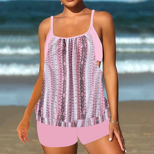 Trajes de baño Amzcrzy Tankini para mujer, bikini para mujer, talla grande, traje de baño conservador con costuras de encaje, traje de baño dividido, traje de baño rosa, S
