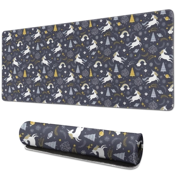 Long Mouse Pads for Desk,Dark Blue Cartoon Unicorn Christmas Desk Mats on Top Of Desks, Desk Mouse Pad Extra Large with 3mm Non-Slip Base and Stitched Edge for Gaming,Work,Home 31.5"x11.8"
