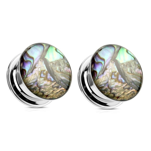 Pair Screw Fit Abalone Shell Plugs Steel ear gauges - size=1/2" 12mm