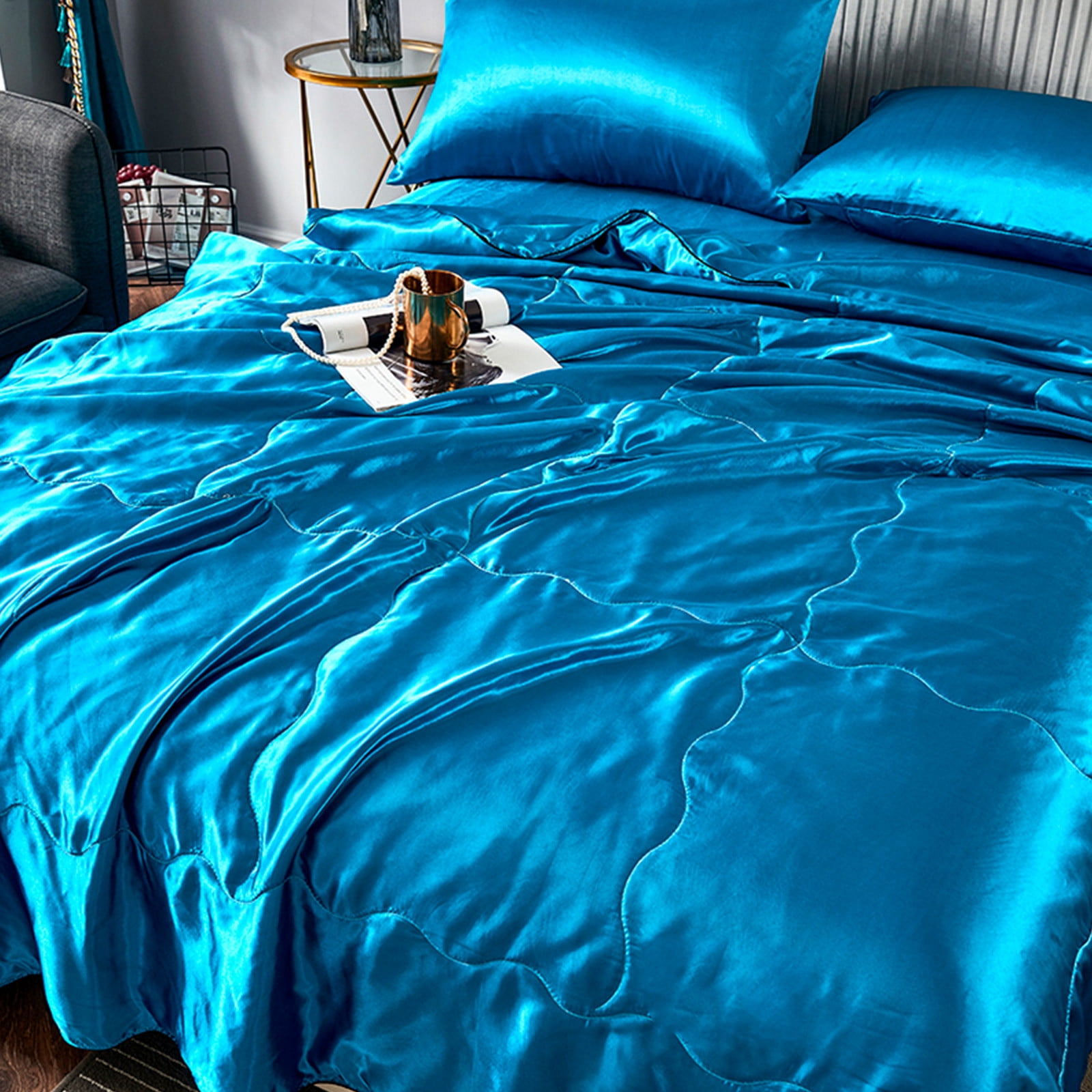 FastXmas Silk Satin Comforter Queen Size, Solid Color Reversible Summer Cooling Blanket, Double Sided Cold Effect, Breathable Lightweight Feather Down Quilted Bedding Machine Washable for All Season
