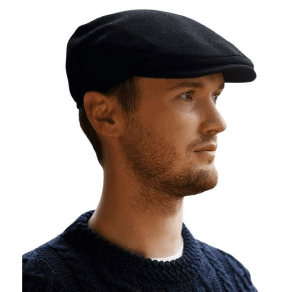 Hanna Hats of Donegal Vintage Flat Tweed Cap 100% Wool Driving Irish Men's Black Hat Handcrafted in Ireland