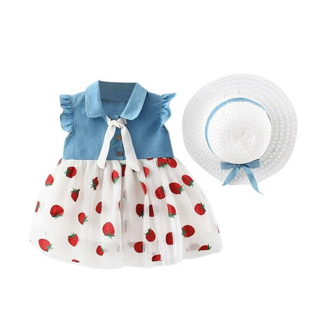 

Girls Dresses Summer Baby 6M-3Y Fly Sleeve Denim Patchwork Strawberry Tulle Princess Hat Set Sun Dress