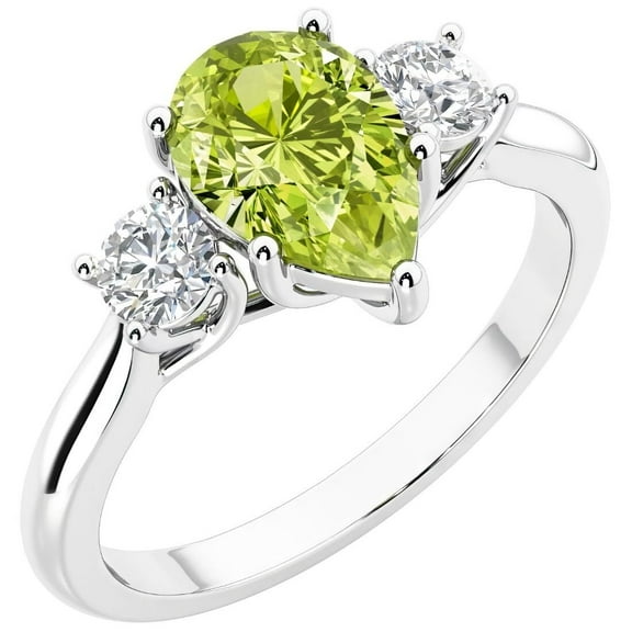 PEORA 14K White Gold Pear Shape Peridot and Lab Grown Diamond 3 Stone Trellis Ring, 1.80 Carats total, Size 9.5
