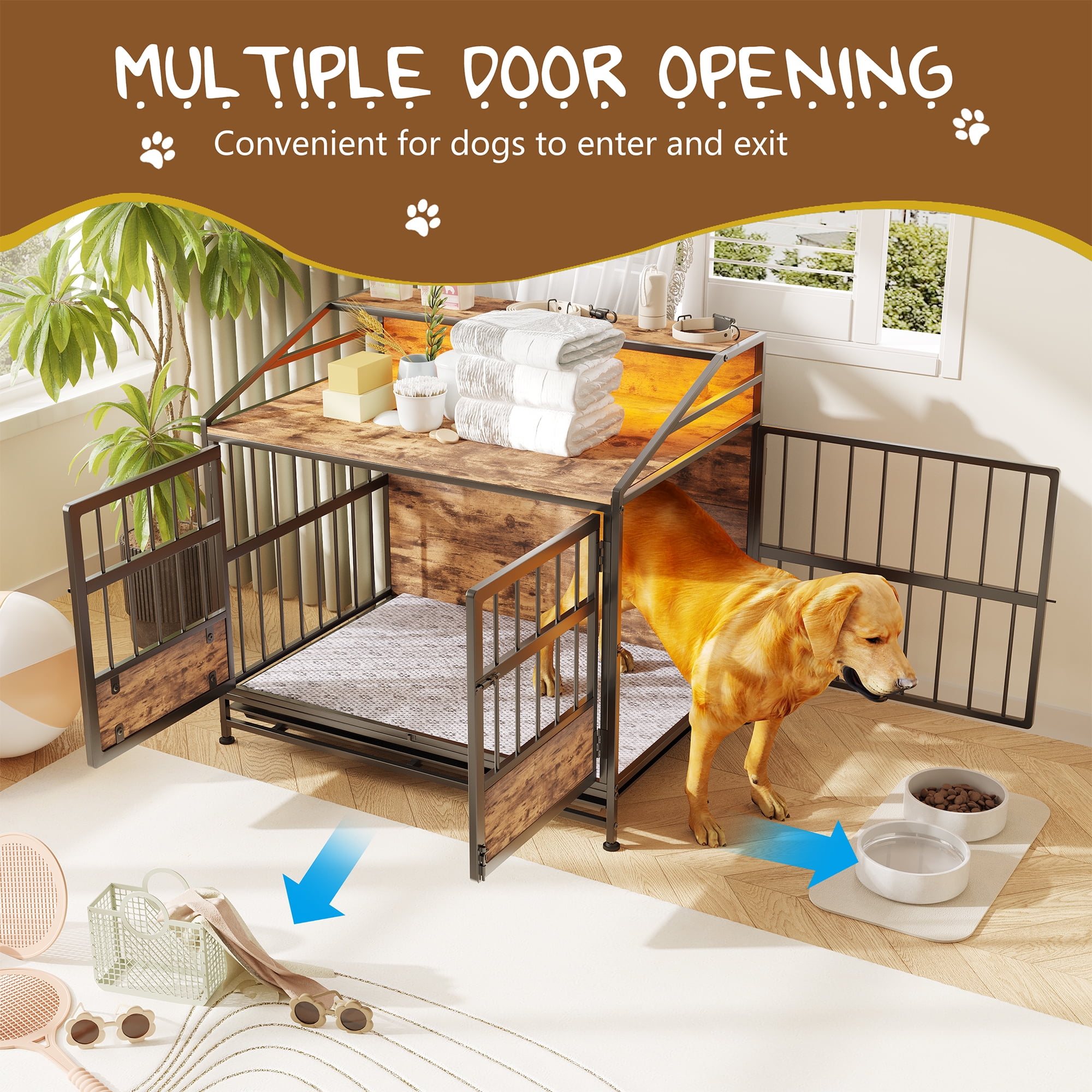 Dog Crates with Storage, Dog Crate Furniture Large Wooden Dog Kennel with Double Doors, for Large/Medium Dog Indoor, Brown