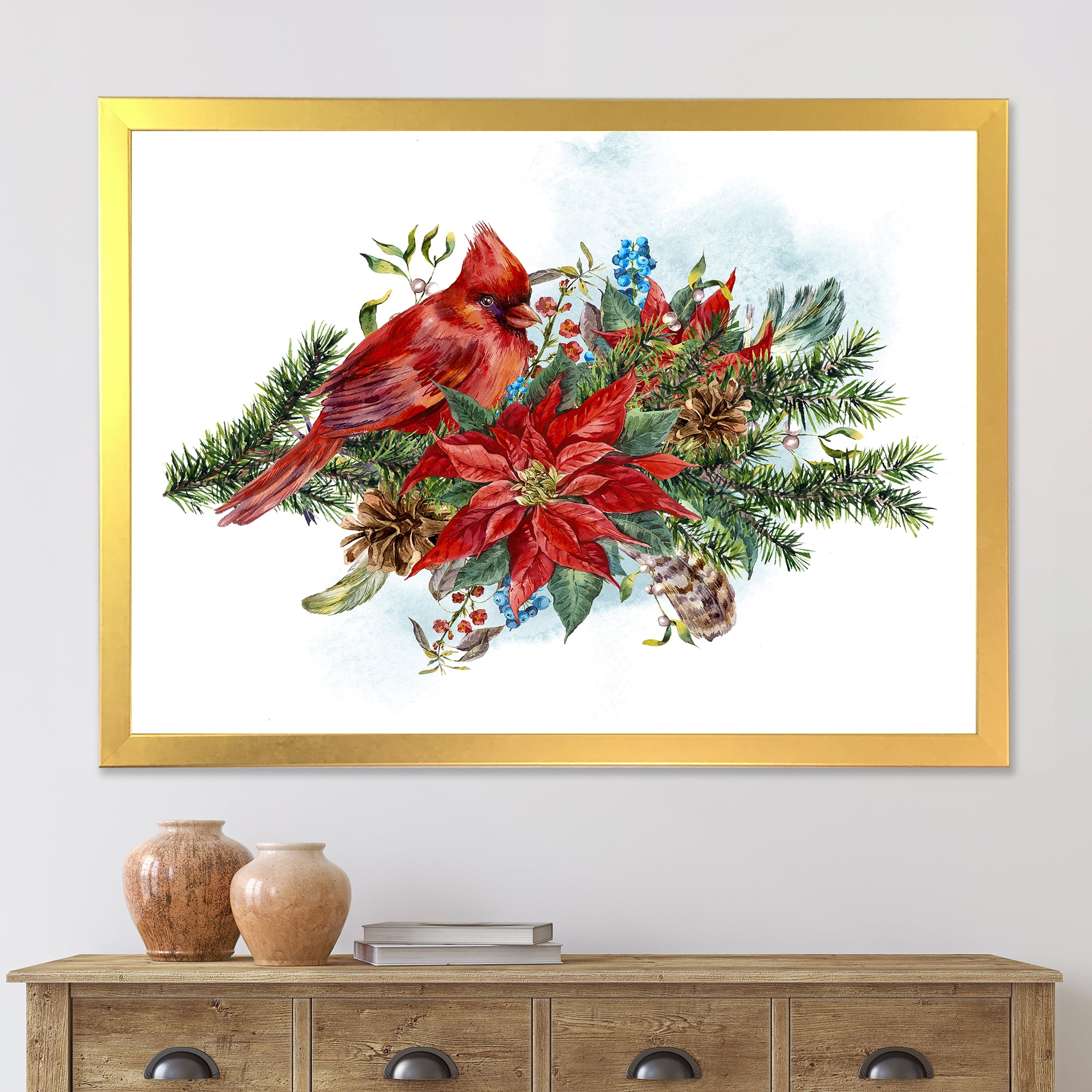 Designart 'Christmas Red Cardinal Bird and Poinsettia' Traditional Framed Art Print
