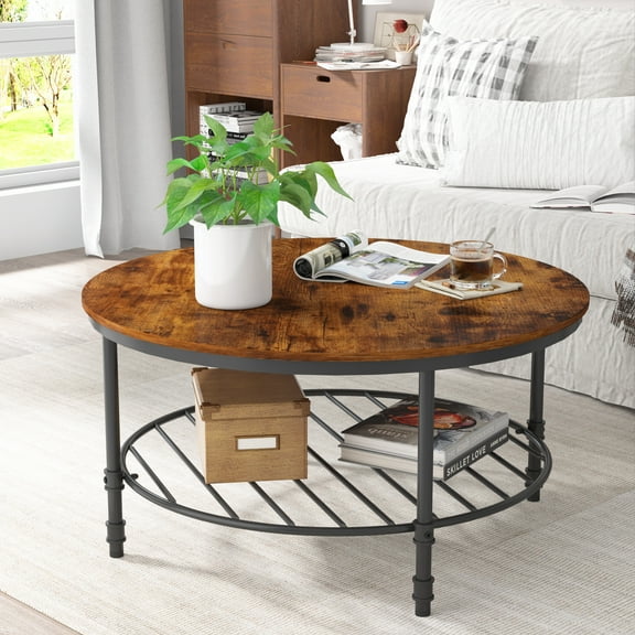 Yoneston 2-Tier Industrial Wood Round Coffee Table with Storage Shelf for Living Room, Rustic Brown