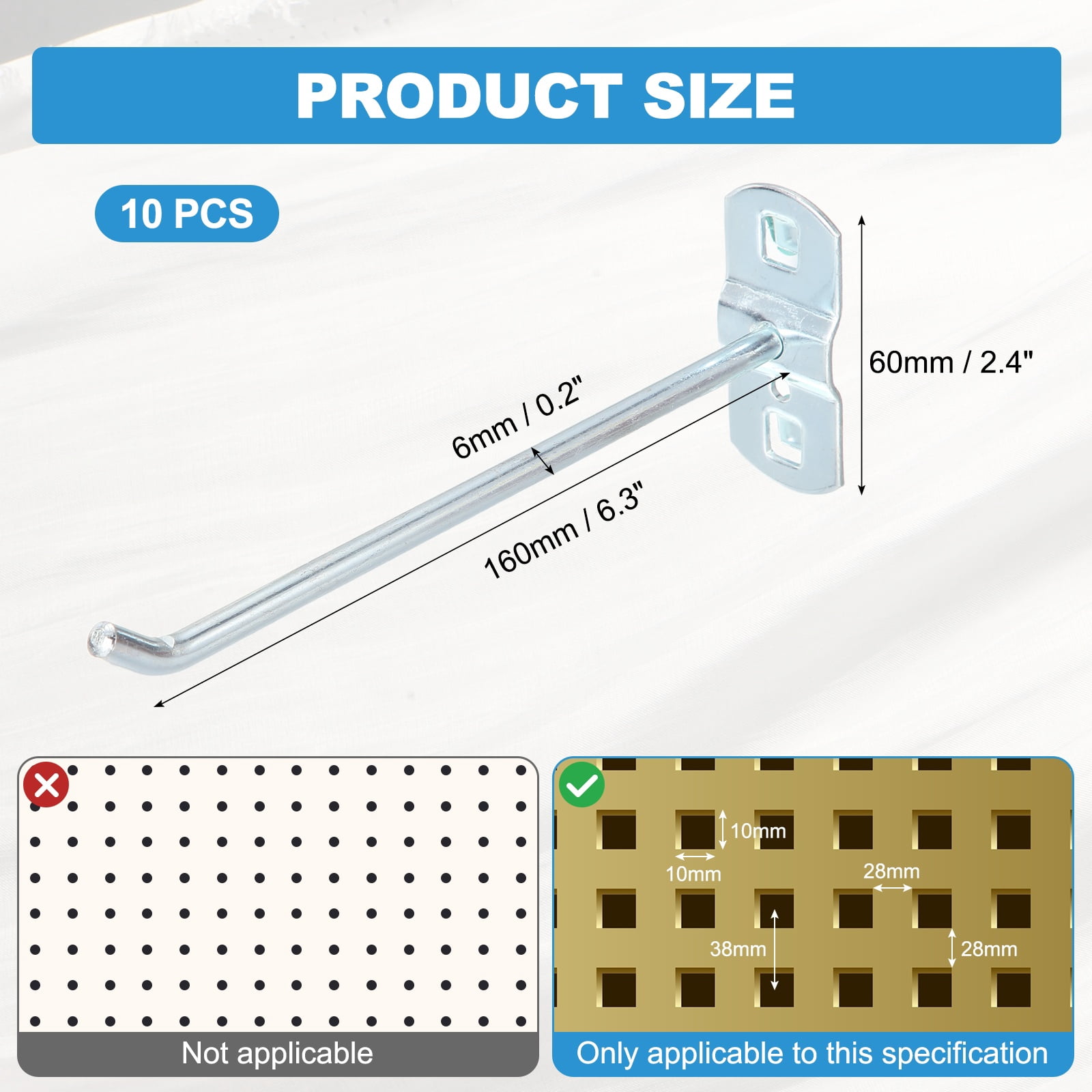 Uxcell 10 Pack Square Pegboard Hooks, 6.3 Inch Supermarket Shelf Rack Hook Metal Heavy Duty Exhibition Display Accessories for Tool Hanging Wall Organizer, Silver