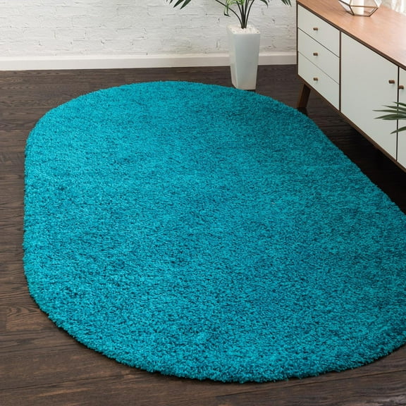 Unique Loom Solid Shag Collection Area Rug (5' 3" x 8' Oval Turquoise)