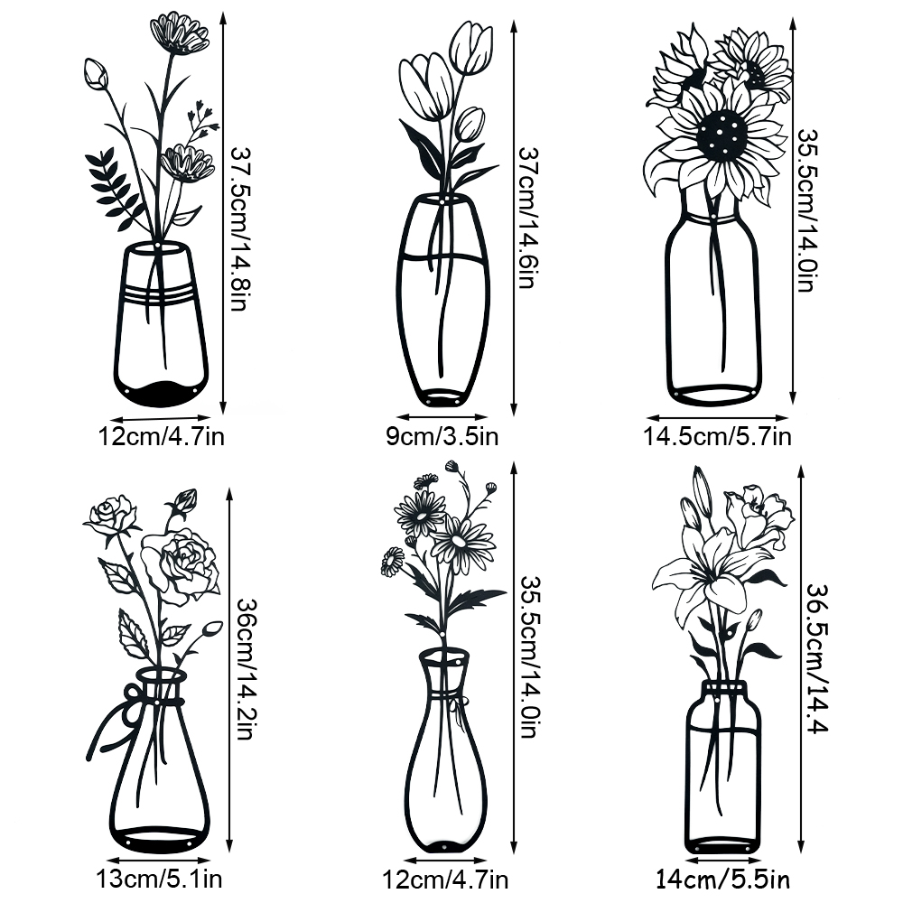 RETON 6 Pieces Black Metal Flowers Wall Decor Meta Vase Wall Art Wall Sculptures Hanging Minimalist  Natural Themed for Kitchen Bathroom Bedroom Living Room Indoor