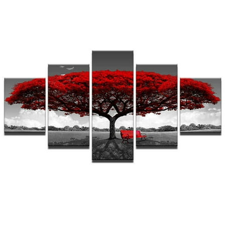 5PCS/1Set Home Decor Canvas Print Painting Wall Art Modern Red Tree Scenery Bench 