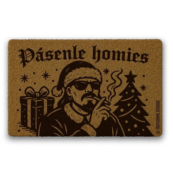 Pásenle Homies Feliz Navidad Christmas Doormat, 18 x 30 inches, Natural Fiber, Mexican Spanish Holiday Welcome Mat, Black and Tan