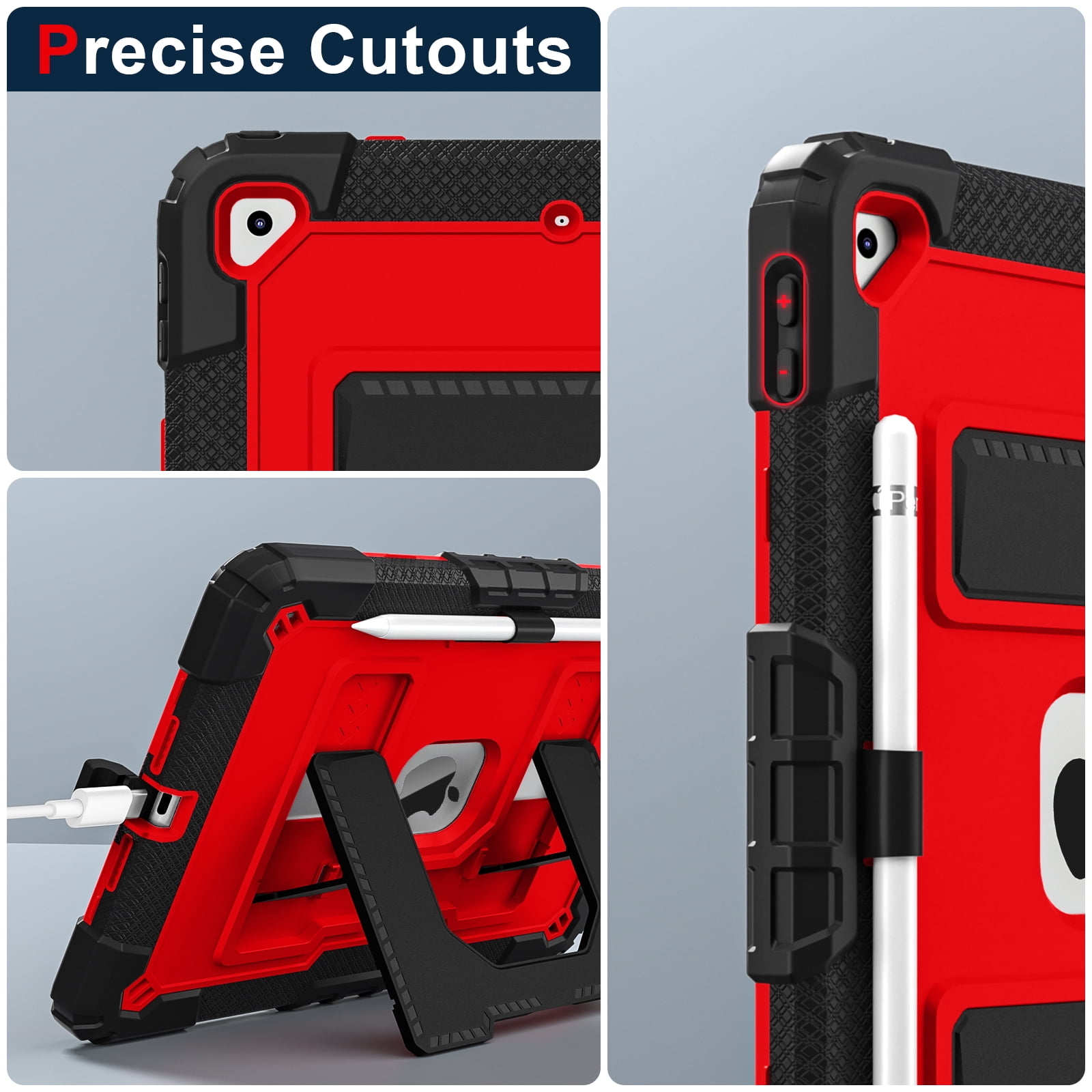 ELEHOLD 3-Layer Rugged Case For Apple iPad 9th/8th/7th Generation Heavy Duty Shockproof Cover, [Drop Protection], [Logo Visible], With Kickstand & Pencil Holder & Shoulder Strap, Black+Red